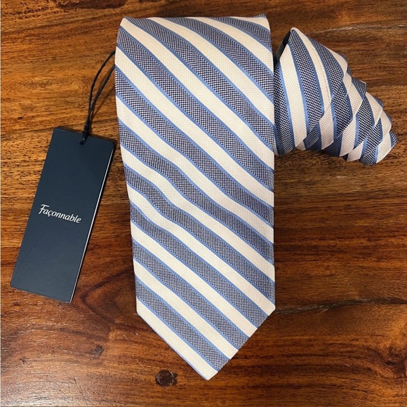 NWT FACONNABLE Blue, White & Silver Striped Silk Tie - Picture 2 of 13